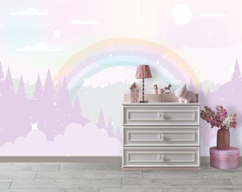 Soft Pastel Rainbow Wallpaper Nursery, Ombre Mountains Wall Mural Peel & Stick, Eco Friendly Material Wallpaper Baby Girl Room Decor JX158