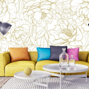 Gold (NOT Metallic) Peony Flower Wallpaper for Nursery Girl Self-Adhesive Peonies Wallpaper, Wallpaper Peony Peel & Stick Eco Friendly JX254