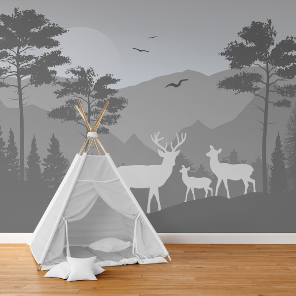 Woodland Wallpaper Nursery Mural Wallpaper Landscape Dark Peel and Stick Woodland Animals Decor Bedroom Removable Deer Wallpaper Adhesive