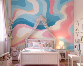 Pastel Abstract Wallpaper Pink and Blue, Colorful Wavy Mural Wallpaper for Kidas Room, Nursery Wallpaper Peel and Stick Girls Room Decor