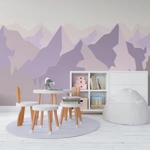 Mountain Wallpaper Mural Nursery Removable. Pastel Forest Wallpaper Bedroom. Accent Wallpaper Playroom Lavender. Eco-Friendly. Peel & Stick