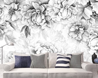 Black White Peony Wallpaper for Bedroom Removable, Monochrome Peonies Wall Mural Living Room Adhesive, Floral Wallpaper Peel & Stick