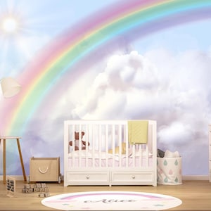 Rainbow  Wallpaper Girl Nursery Removable Watercolor Unicorn Themed Playroom Wallpaper Mural Kids Peel & Stick, Clouds Decor Adhesive, Woven