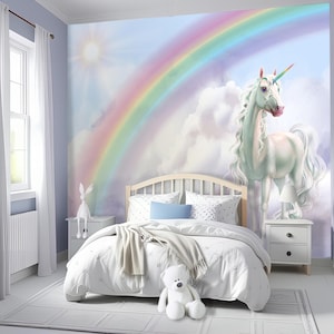 Unicorn Wallpaper for Toddler Girl Nursery Removable, Colorful Rainbow Wall Mural Peel & Stick, Sky and Clouds Wallpaper Adhesive, Non-Woven
