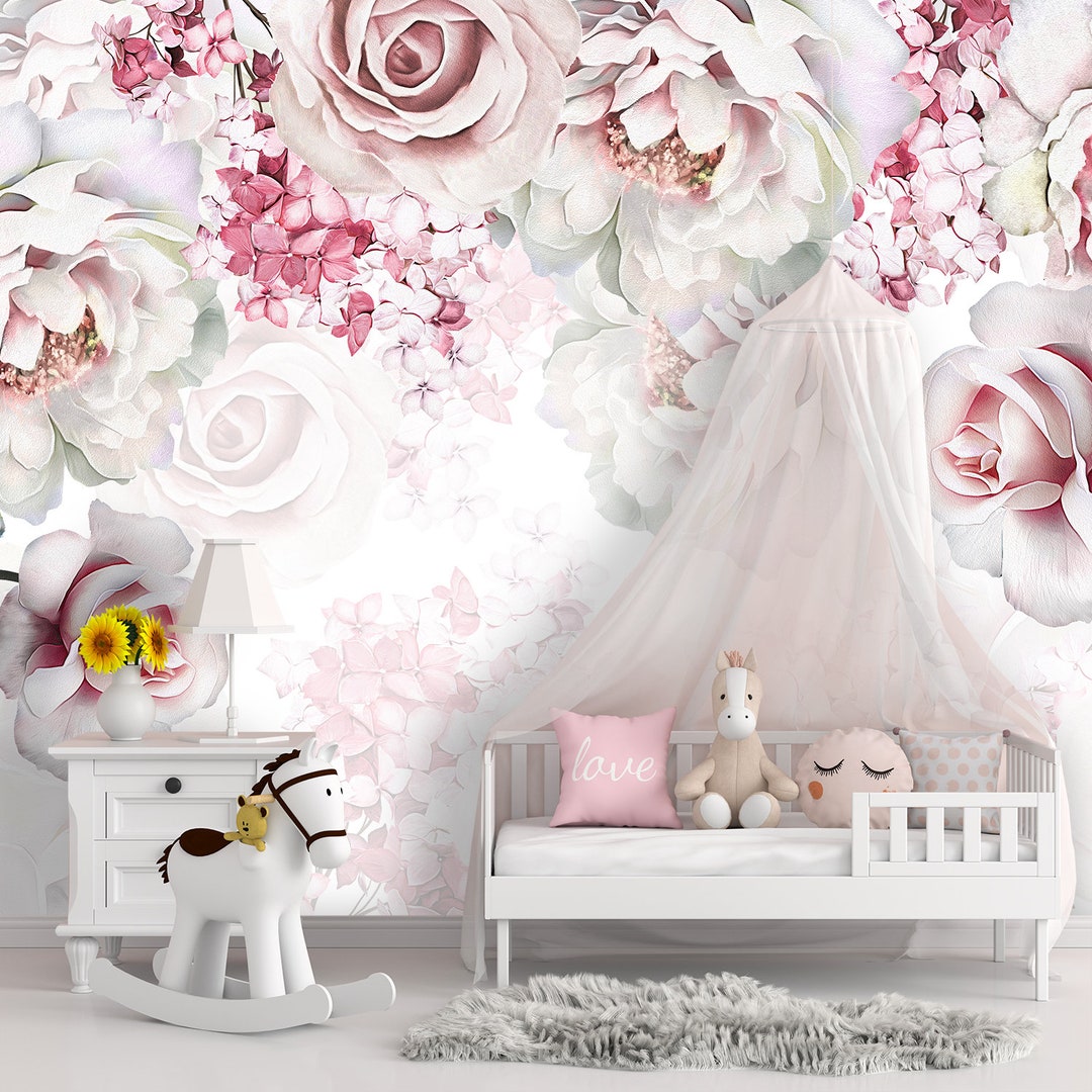 Floral Wallpaper Mural Baby Girl, Peel and Stick Peonies and Rose Wall ...