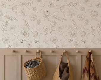 Boho beige wallpaper floral, Beige and cream wallpaper Perfect for bedroom room decor, Botanical wallpaper Peel and Stick and Traditional