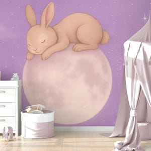Rabbit wallpaper mural for nursery, Baby bunny wallpaper removable, Baby room wallpaper cute animal, Sleeping bunny wall mural purple
