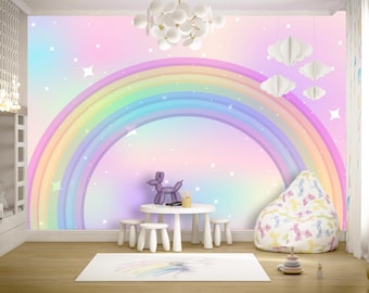 Rainbow Wallpaper with Stars for Toddler Girl Bedroom Unicorn Theme Wall Mural Peel & Stick Eco Friendly Wallpaper Baby Girl Room