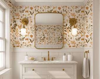Papel pintado floral autoadhesivo para baño estilo bohemio, papel pintado botánico beige removible, papel pintado de flores silvestres en tonos neutros para la decoración de habitaciones.