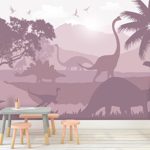 Dinosaur Wallpaper Pink Pastel for Toddler Girl Nursery, Dino Jurrasic World Large Wall Mural, Peel & Stick, Trex Pterodactyl Pink Wallpaper