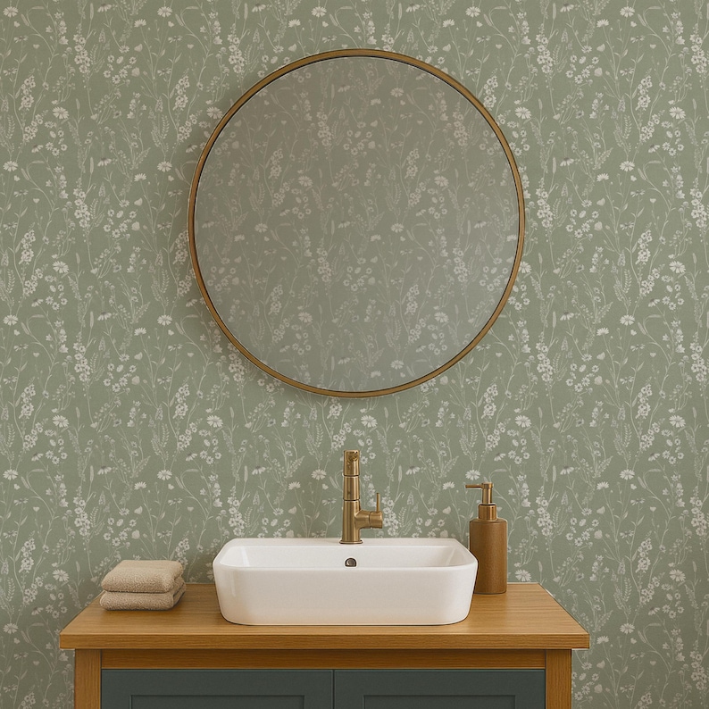 May include: A bathroom scene featuring a round gold-framed mirror, a white rectangular sink, and a wooden vanity with a green cabinet. The wall is covered in a green floral wallpaper. A gold faucet and soap dispenser are visible.