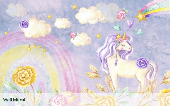 Watercolor Unicorn Wallpaper With Rainbow for Baby Girl, Cute Unicorn Wall  Mural Peel & Stick Eco Friendly Material Wallpaper Nursery JX137 