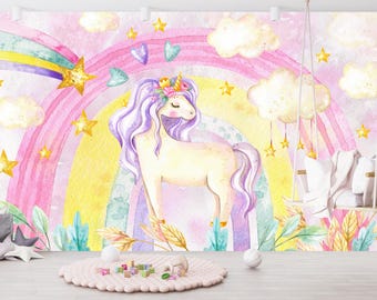 Watercolor Rainbow & Clouds Wallpaper Peel and Stick, Unicorn Nursery Star Wallpaper Pastel Girl Room Decor Soft Unicorn Wall Mural
