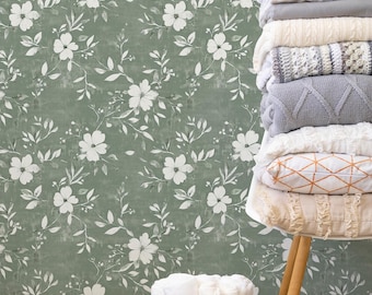 Vintage Botanical Wallpaper, Sage Green Wallpaper Peel and Stick for Bedroom or Kitchen Decor, Floral Wallpaper Vintage Green, Rustic Decor