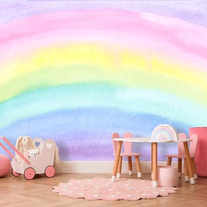 Pastel rainbow peel and stick mural perfect for girl nursery decor, Baby room wallpaper with watercolor rainbow, Removable nursery wallpaper