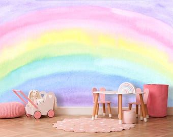 Mural despegable y adhesivo de arcoíris pastel perfecto para la decoración de la habitación de una niña, papel tapiz para habitación de bebé con arcoíris de acuarela, papel tapiz extraíble para habitación de bebé.