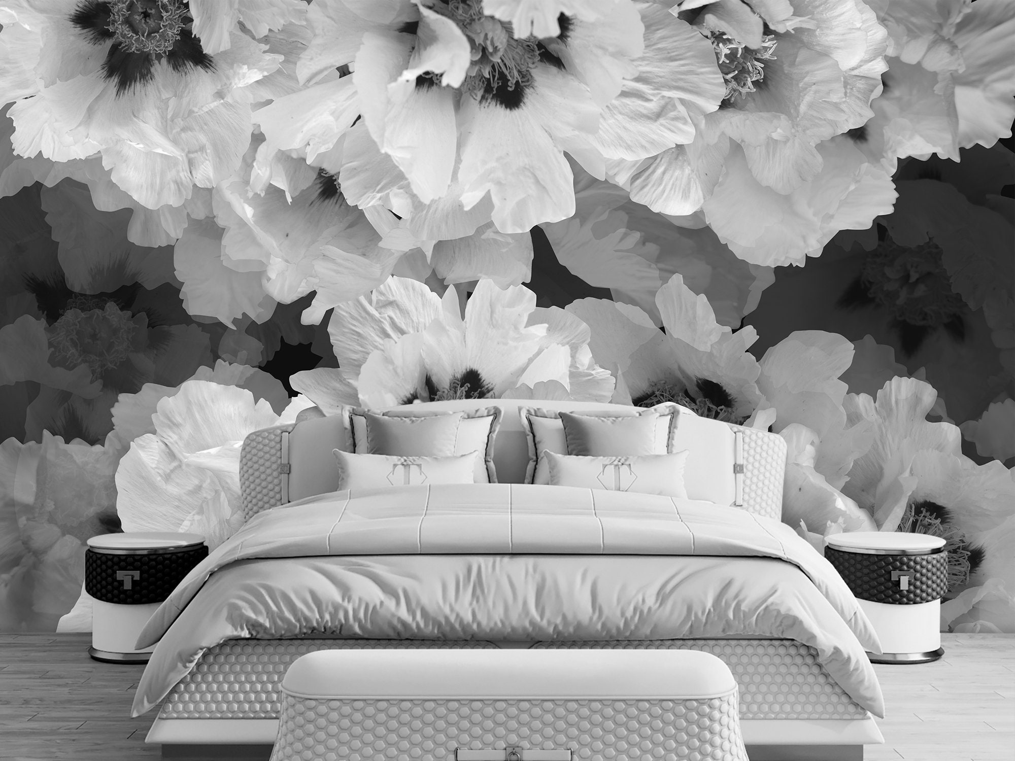 Peony Black and White Wallpaper Floral Flowers Wall Decor Etsy