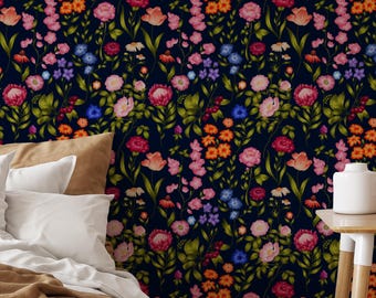 Dark Botanical Wallpaper Peel and Stick and Traditional, Dark Floral Wallpaper for Bedroom & Girl Room, Moody Garden Wallpaper