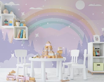 Rainbow Wallpaper Girl Nursery Removable Soft Pastel Pink Mounain Wall Mural Adhesive Peel & Stick Eco-Friendly Accent Non-Woven