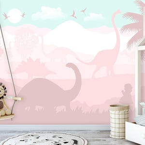 Dinosaurs Wallpaper Pink Toddler Girl Nursery Removable, Pastel Jurrasic World Wall Mural, Peel & Stick, Brachiosaurus Pterodactyl Wallpaper