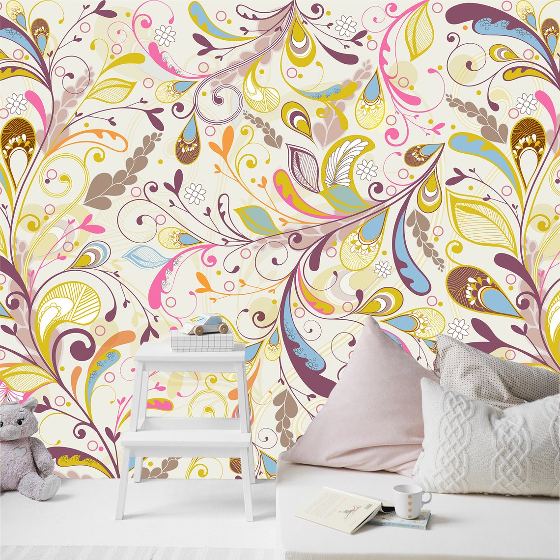 Colorful Vintage Wallpaper. Beautiful Mural Peel and Stick. Etsy