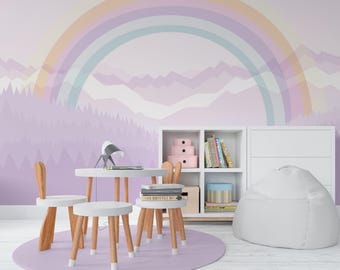Rainbow Wallpaper with Ombre Mountains Pink Mountain Mural Wallpaper Landscape Peel & Stick Friendly Material Wallpaper Baby Girl Room Decor