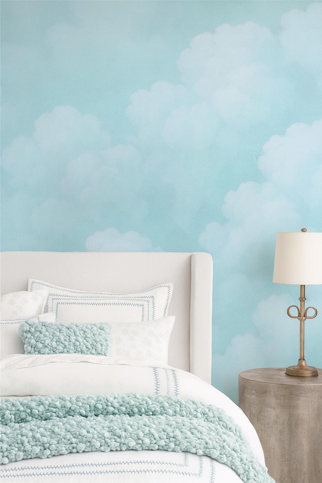 Blue Cloud Nursery Wallpaper Mural, Sky Blue Kids Wallpaper, Pastel ...