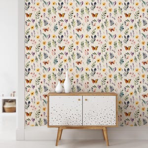 Butterfly wallpaper with wildflowers, Neutral wallpaper in boho style Perfect for floral wall decor Peel and Stick and Traditional Wallpaper