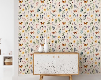 Butterfly wallpaper with wildflowers, Neutral wallpaper in boho style Perfect for floral wall decor Peel and Stick and Traditional Wallpaper