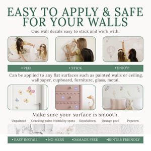 Peut inclure: Image pr&eacute;sentant des d&eacute;calcomanies murales avec le texte "EASY TO APPLY & SAFE FOR YOUR WALLS". L'image comprend des exemples d'application des d&eacute;calcomanies sur les murs et les meubles. L'image montre &eacute;galement les &eacute;tapes : peler, coller et appr&eacute;cier.