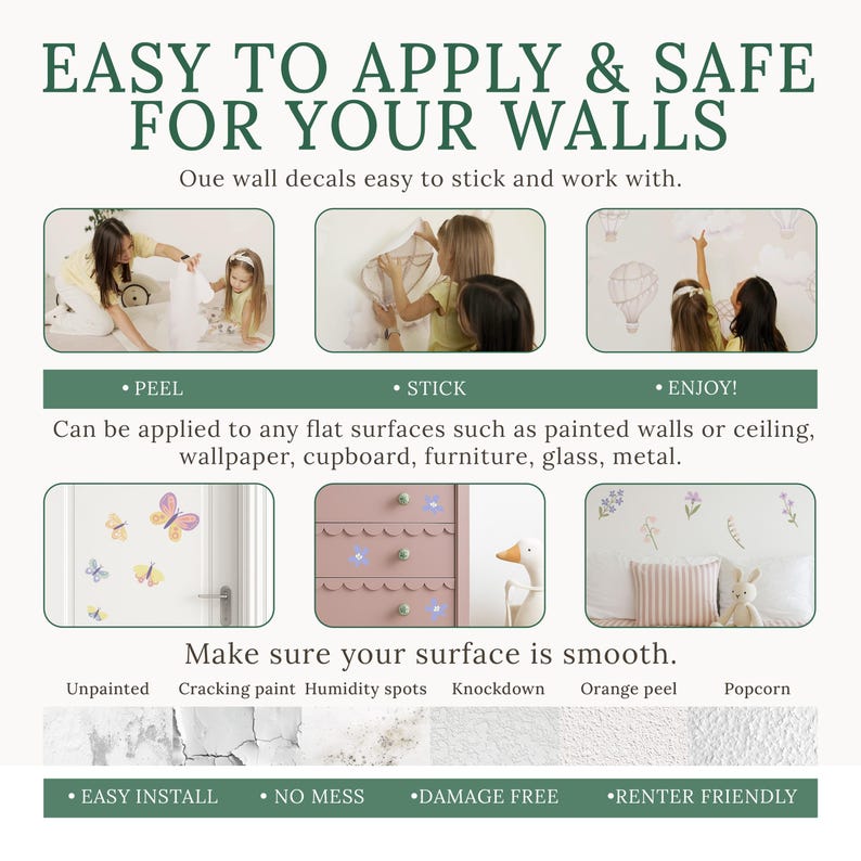 Peut inclure: Image pr&eacute;sentant des d&eacute;calcomanies murales avec le texte "EASY TO APPLY & SAFE FOR YOUR WALLS". L'image comprend des exemples d'application des d&eacute;calcomanies sur les murs et les meubles. L'image montre &eacute;galement les &eacute;tapes : peler, coller et appr&eacute;cier.
