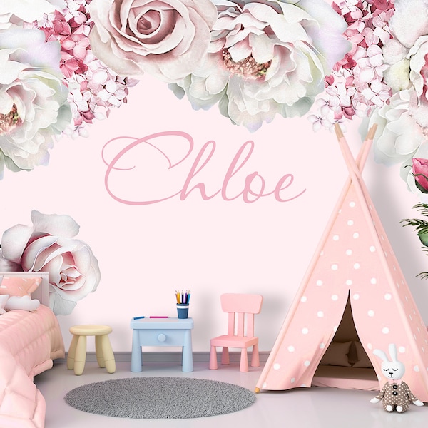 Name Peony Wallpaper for Baby Girl Nursery Removable, Soft Pastel Pink Flower Wall Mural Adhesive Accent Wallpaper Peel & Stick Non-Woven