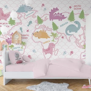 Dino Wallpaper for Toddler Girl Nursery Pink Removable, Cute Dinosaur Wall Mural Adhesive, Jurassic World Map Playroom, Adhesive Non-Woven