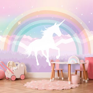 女の子の部屋の装飾のためのユニコーンとレインボーの壁紙