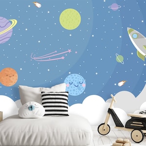 Blue Space Wallpaper for Boys Bedroom Outer Space Kids Wall Mural Removable Colorful Planets Wall Decor Adhesive Peel and Stick Adhesive