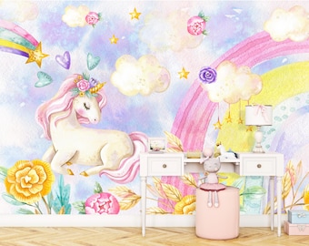 Watercolor Unicorn Wallpaper Peel & Stick Rainbow Clouds Stars Wall Mural Nursery Girl, Eco Friendly Wallpaper Baby Girl Non Woven