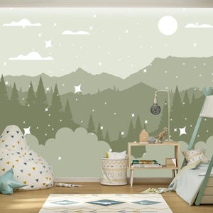 Mountains Wallpaper for Kids Nursery Green Removable Neuttral, Forest Wall Mural Peel & Stick, Accent Wall Decor Eco-Friendly, Adhesive