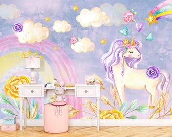 Château De Licorne Arc En Ciel Grand Arbre Décor À La Maison Papier Peint 3D Chambre à Coucher Salle De Séjour Mural Murale-350cm×256cm