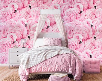Flamingo Wallpaper Peel and Stick Bathroom. Bird Wallpaper Mural Pink Adhesive Tropical Wall paper Bedroom Removable Pink Pattern Wall Decor