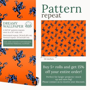 Funky Wallpaper for Bathroom Peel and Stick, Bold Orange Wallpaper with Frog Maximalist Decor, Removable Wallpaper for Eclectic Decor afbeelding 2