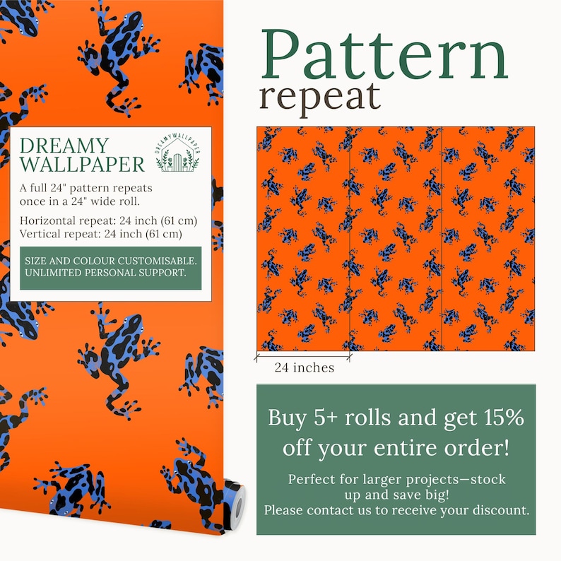 Funky Wallpaper for Bathroom Peel and Stick, Bold Orange Wallpaper with Frog Maximalist Decor, Removable Wallpaper for Eclectic Decor afbeelding 2
