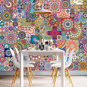 Tile Mosaic Geometric Wallpaper, Self Adhesive Wall Mural, Patchwork Abstract Pattern, Removable Wallpaper Peel and Stick Tiles Kitchen JX72