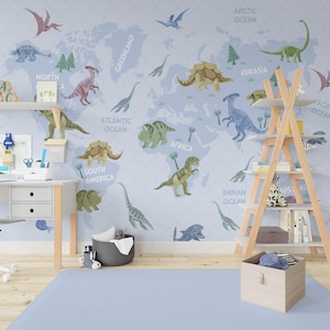 40% OFF Soft Pastel Blue Dinosaur Wallpaper for Boys Nursery Removable, Jurassic World Map Wall Mural Adhesive, World Map Wallpaper Playroom
