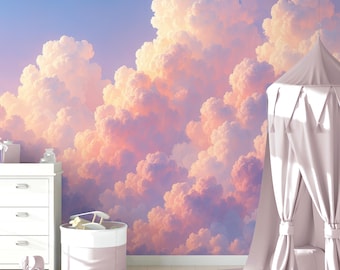 Pink Cloud Wall Mural Wallpaper Nursery Decor, Soft Sky Wallpaper for Kids Room, Peel and Stick Girl Nursery Wallpaper