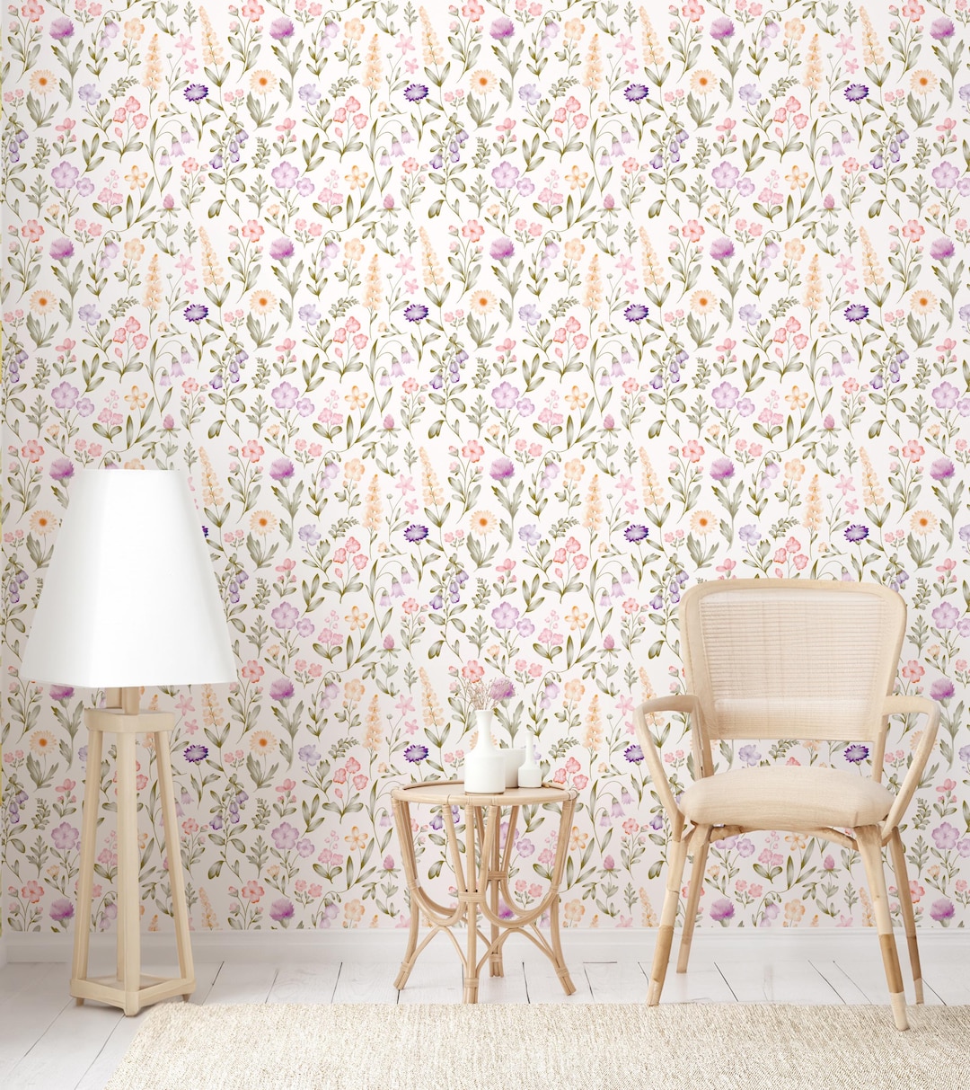 Boho Wildflower Wallpaper Baby Girl Nursery, Pastel Floral Wall Paper ...