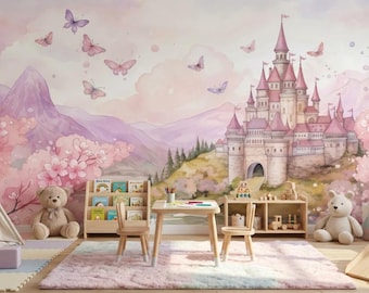 Nursery Wallpaper Pink Princess Castle Mural Wallpaper, Colorful Wallpaper Peel and Stick Baby Girl Nursery Kids Bedroom Removable Wallpaper