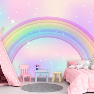 Rainbow Wallpaper with Stars for Toddler Girl Bedroom Unicorn Theme Wall Mural Peel & Stick Eco Friendly Wallpaper Baby Girl Room