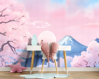 Sakura Wallpaper Peel and Stick Teen Girl Bedroom Pink Blue Wall paper Kids Nursery Removable Mountain Wallpaper Multicolor Mural Woven