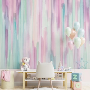 Striped wallpaper Rainbow Nursery wall mural wallpaper, Purple and Pink wallpaper for playroom decor, Colorful peel and stick mural