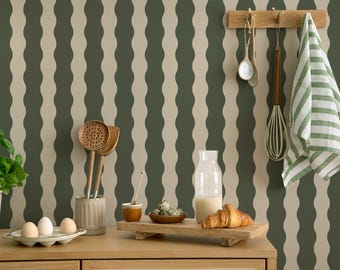 Sage Green Striped Wallpaper Peel and Stick for Modern Kitchen Decor or Living Room, Modern Wavy Stripe Wallpaper Green and Beige